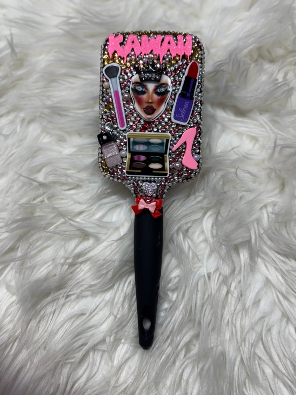 Pink Rhinestone Women’s Hair Brush — Decorative Makeup-Themed Styling Brush